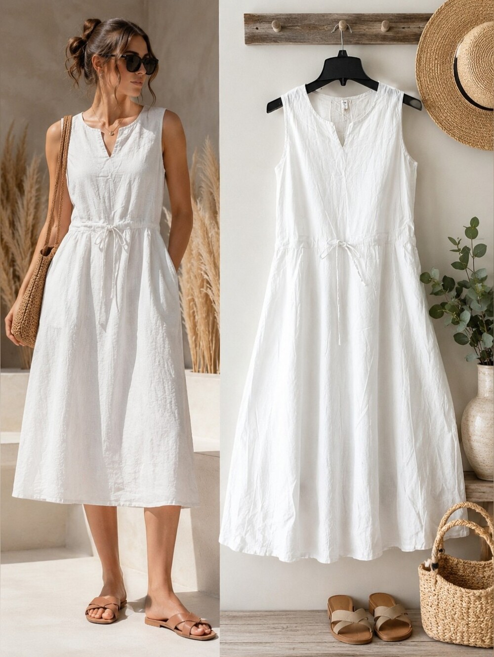 Coastal Grandmother Breezy Midi Summer Dress Sleeveless Cottagecore Minimalist